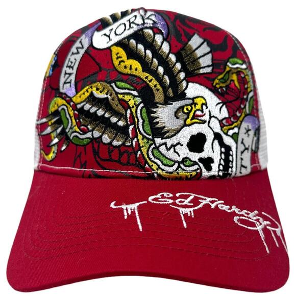 Ed Hardy Trucker Hat Embroidered Tattoo New York Eagle Red Snapback Mesh Cap - Picture 1 of 6